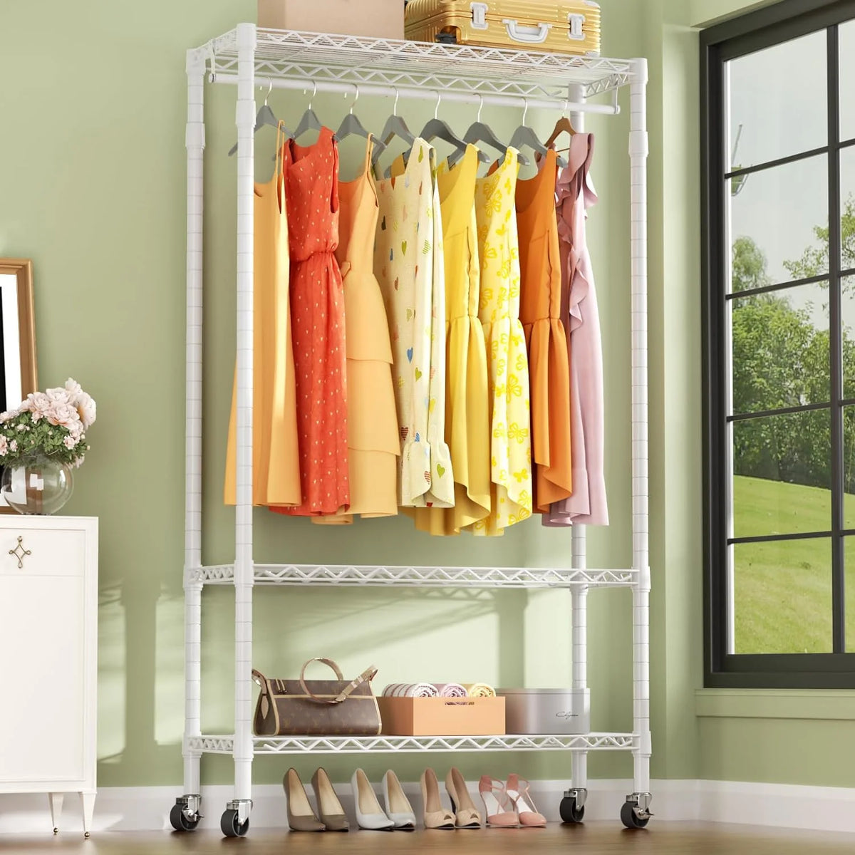 Portable Rolling Clothes Rack 3-Tier Adjustable Heavy Duty Metal White J11611