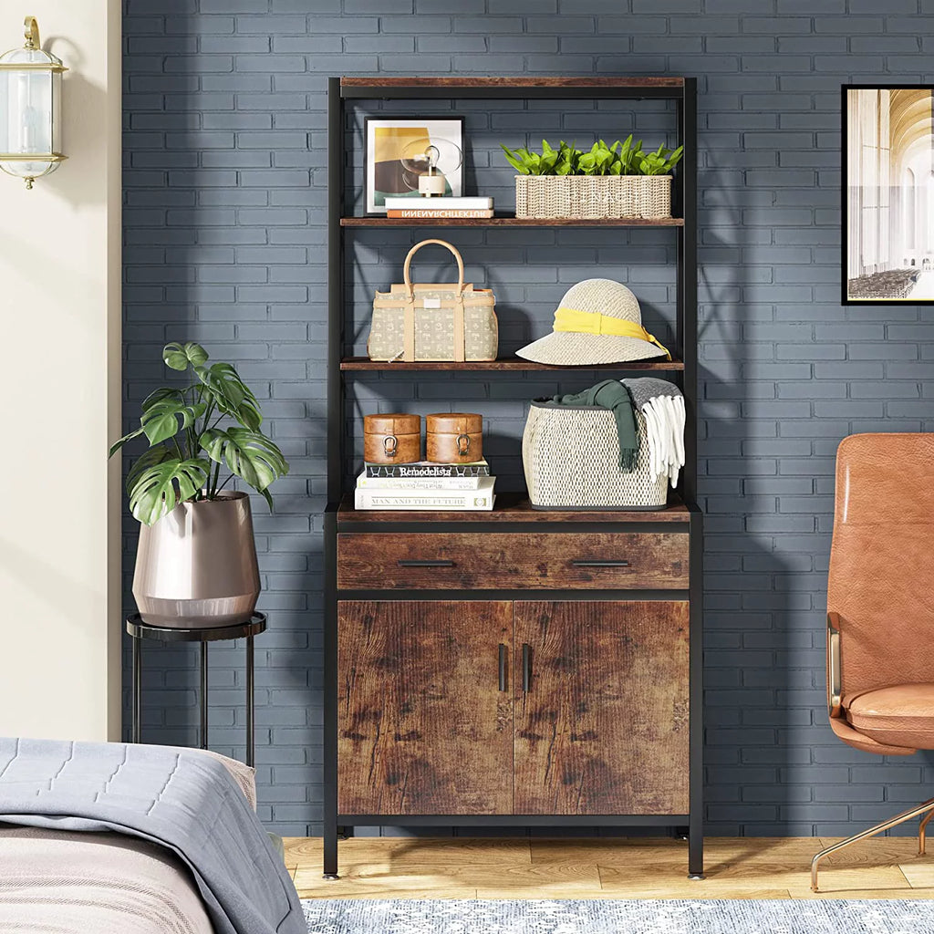Tall Industrial Bookshelf with Drawer and Doors K4166