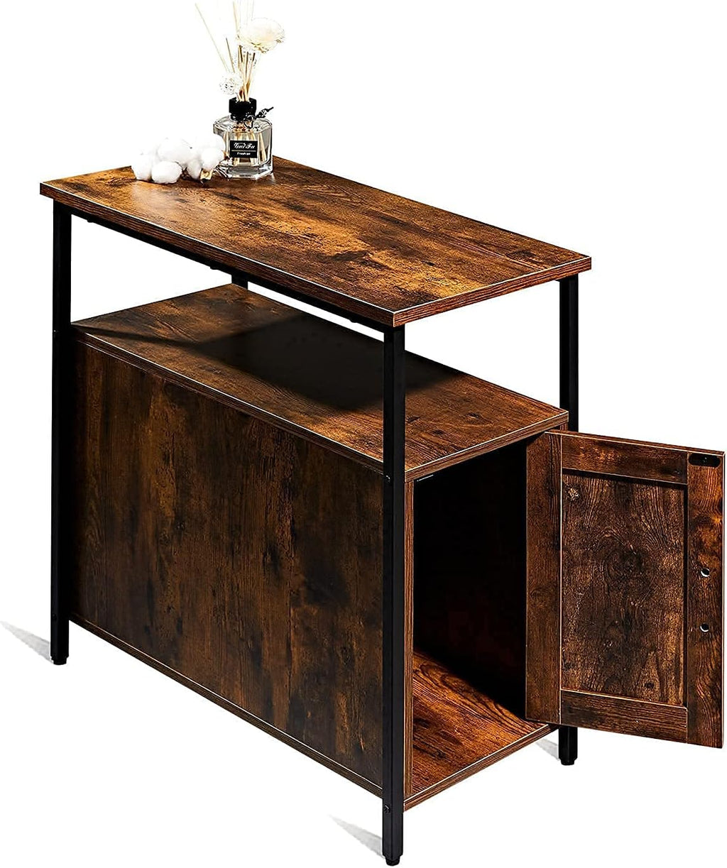 Brown Wooden End Table with Shelf and Storage Cabinet F7838