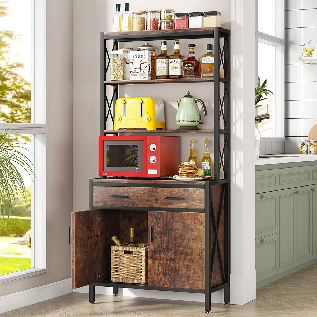 Tall Industrial Bookshelf with Drawer and Doors K4166