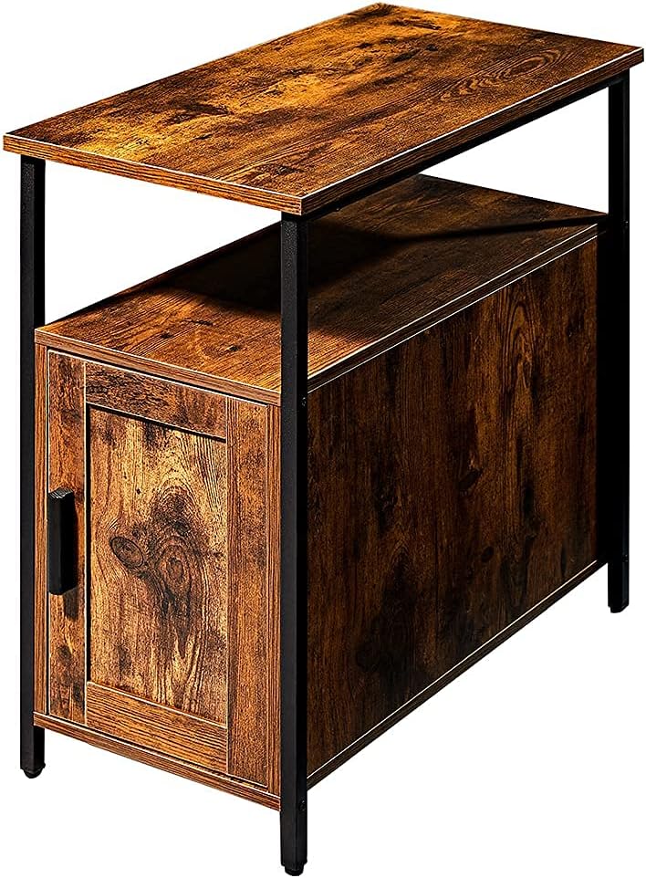 Brown Wooden End Table with Shelf and Storage Cabinet F7838
