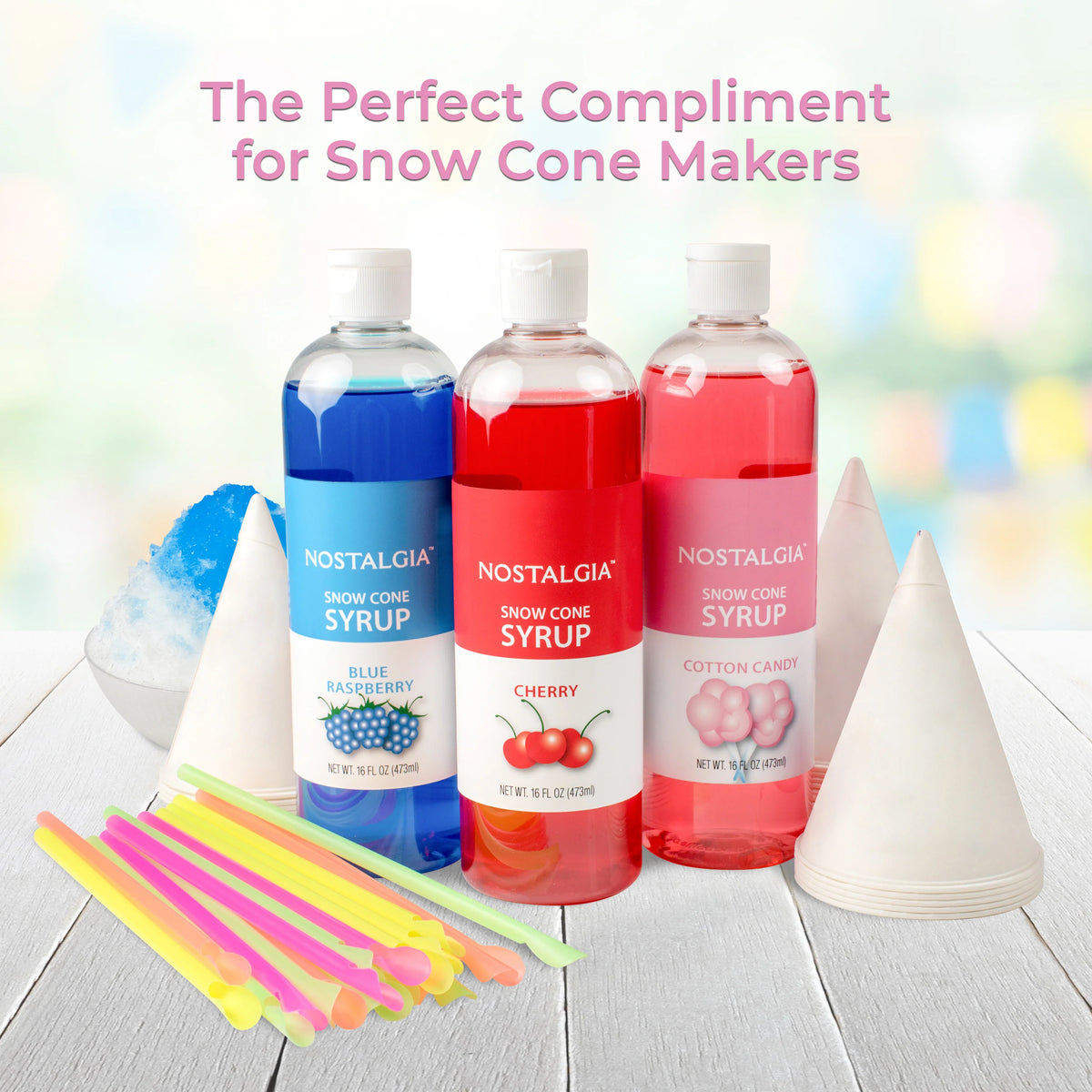 16-Ounce Snow Cone Syrups, Cups and Spoon-Straws Party Kit E67533
