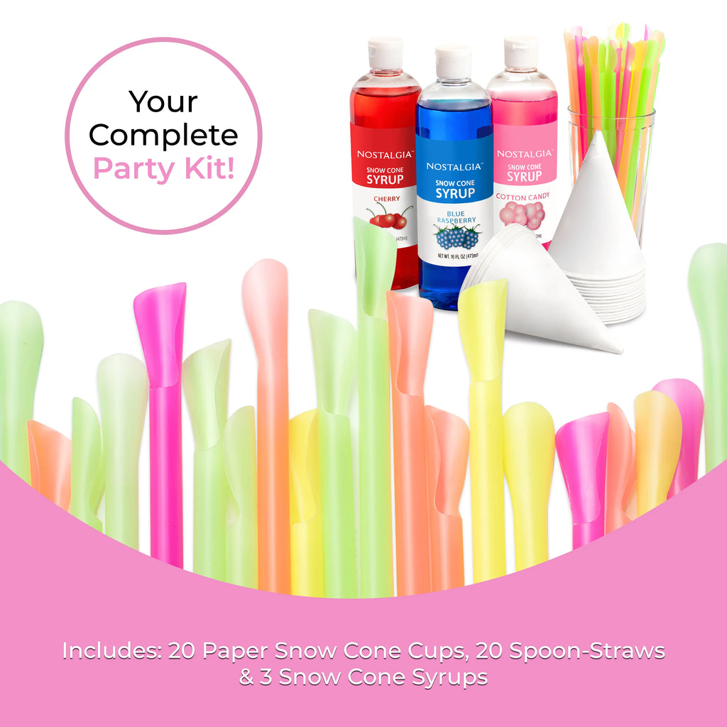 16-Ounce Snow Cone Syrups, Cups and Spoon-Straws Party Kit E67533