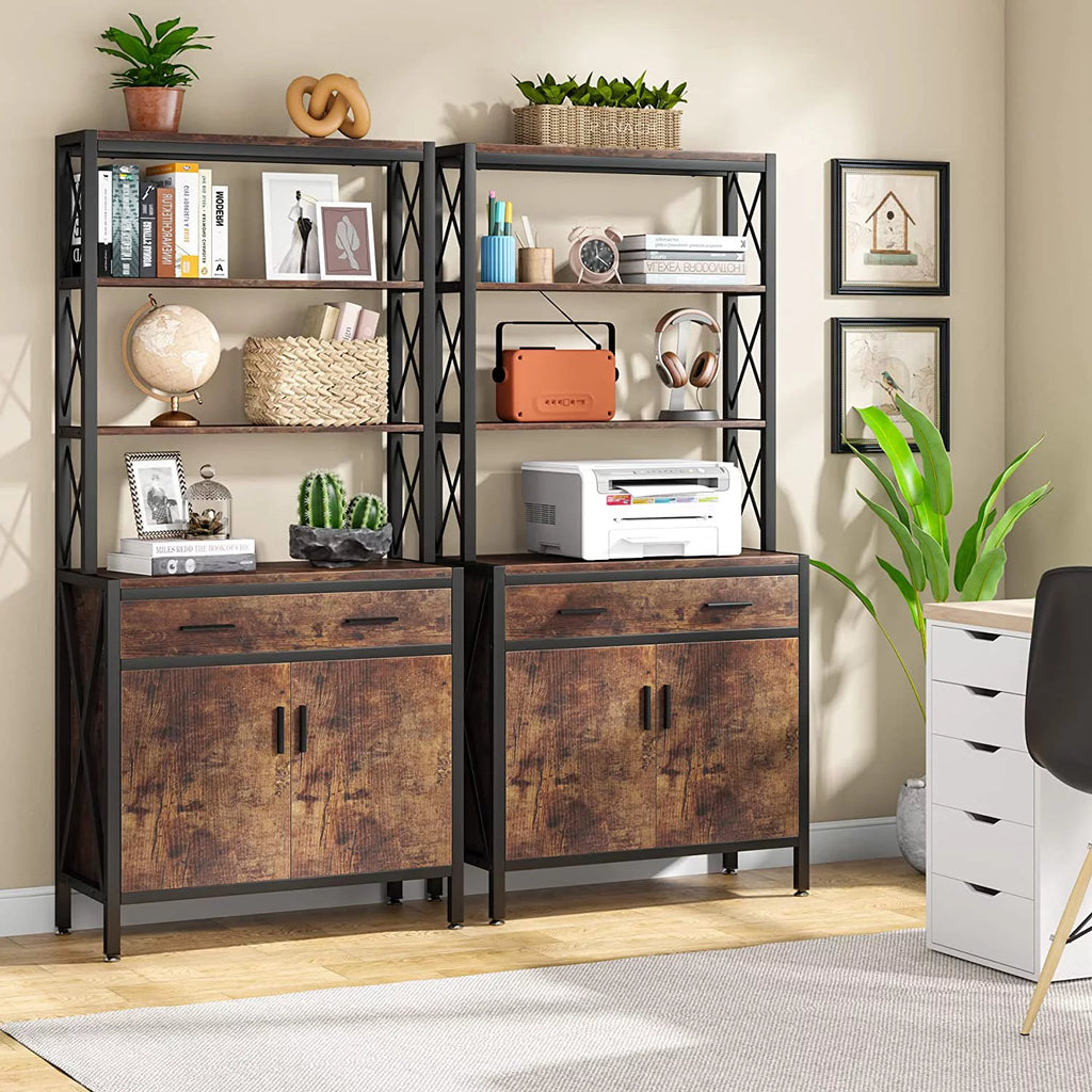 Tall Industrial Bookshelf with Drawer and Doors K4166