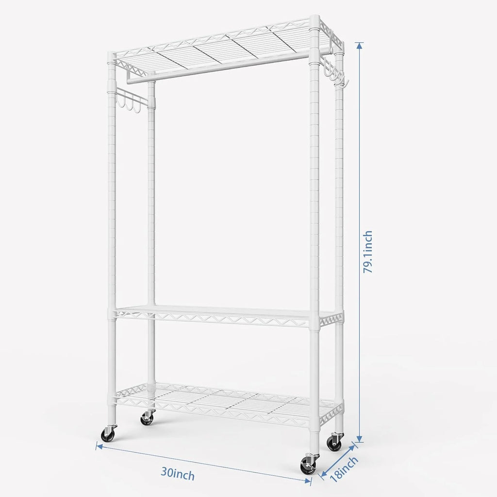 Portable Rolling Clothes Rack 3-Tier Adjustable Heavy Duty Metal White J11611