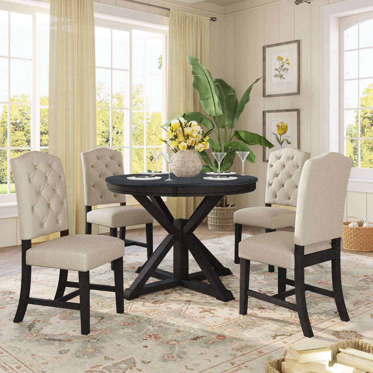 Extendable Dining Table Set with 4 Upholstered Chairs F785763