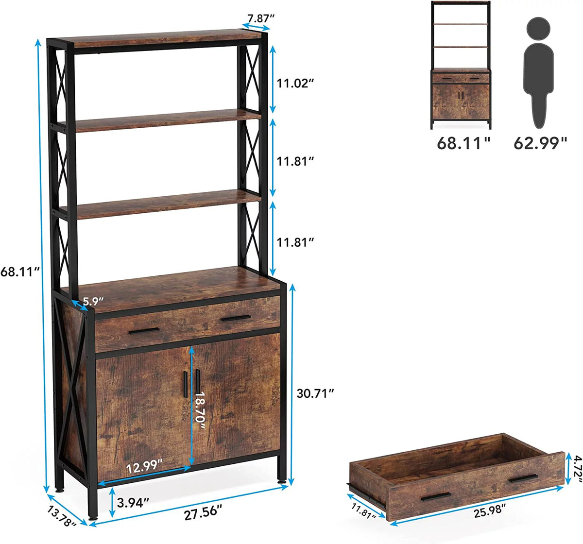 Tall Industrial Bookshelf with Drawer and Doors K4166