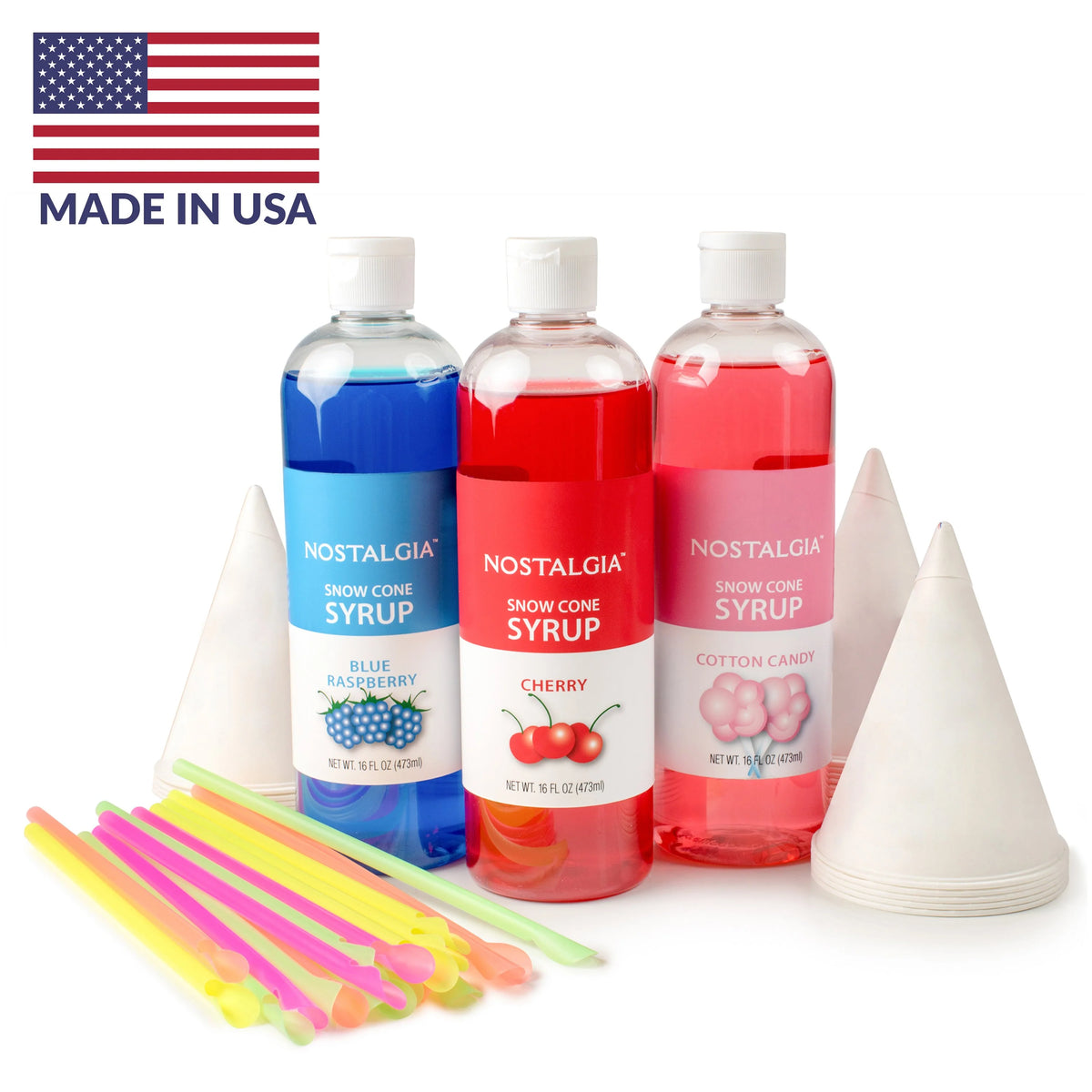 16-Ounce Snow Cone Syrups, Cups and Spoon-Straws Party Kit E67533