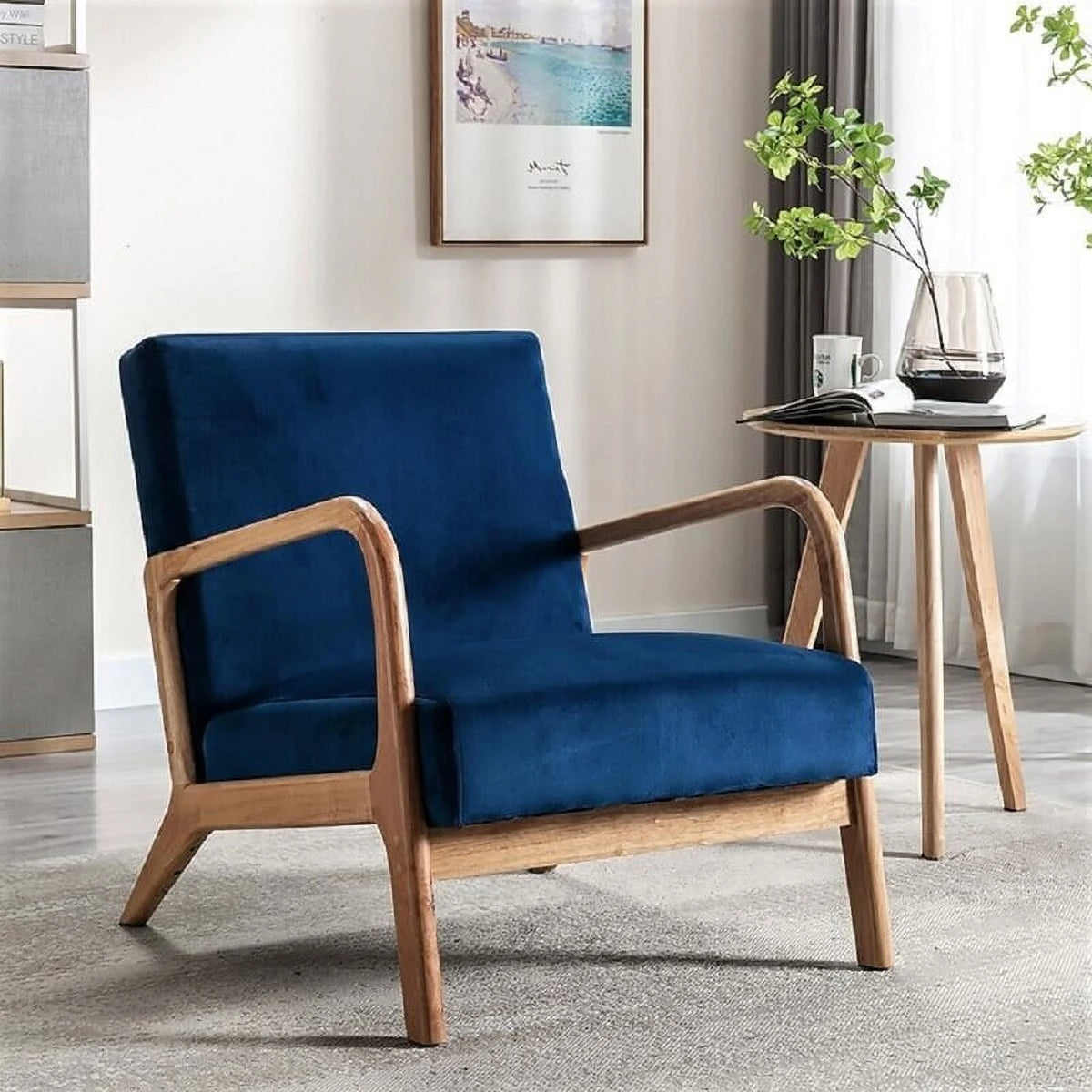 Navy Velvet Wood Armchair D5219