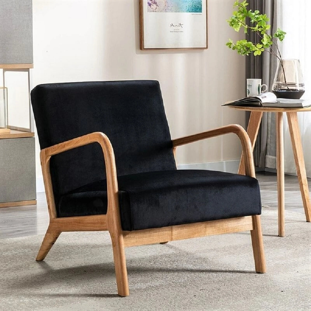 Navy Velvet Wood Armchair D5219