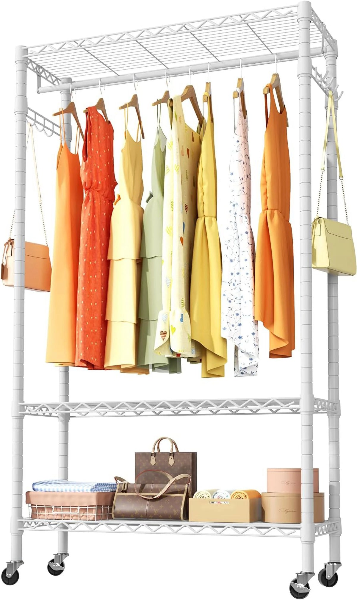 Portable Rolling Clothes Rack 3-Tier Adjustable Heavy Duty Metal White J11611