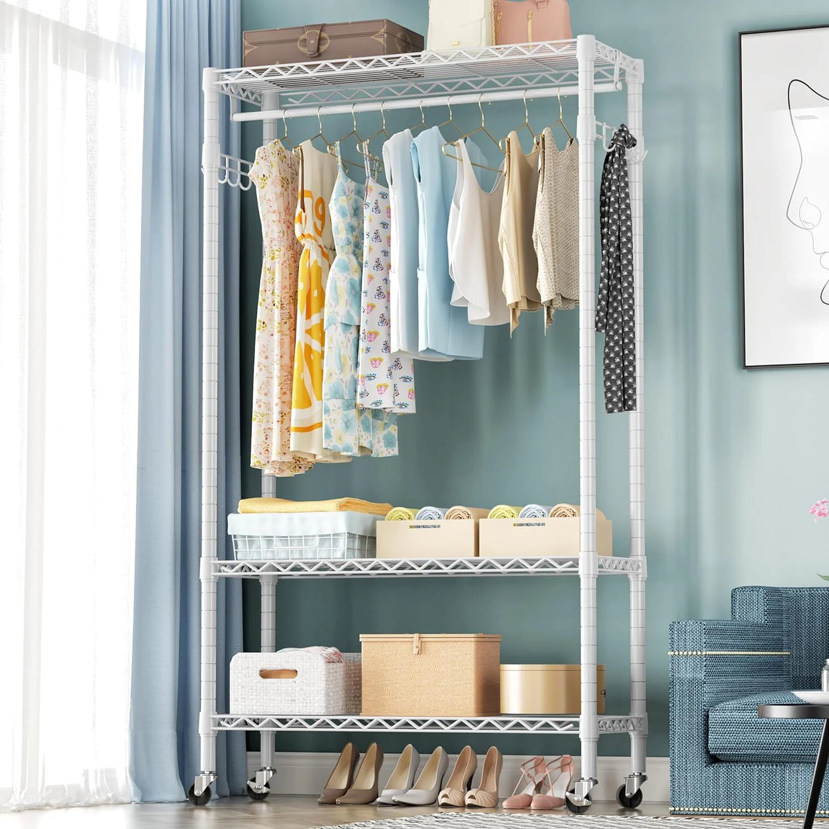 Portable Rolling Clothes Rack 3-Tier Adjustable Heavy Duty Metal White J11611