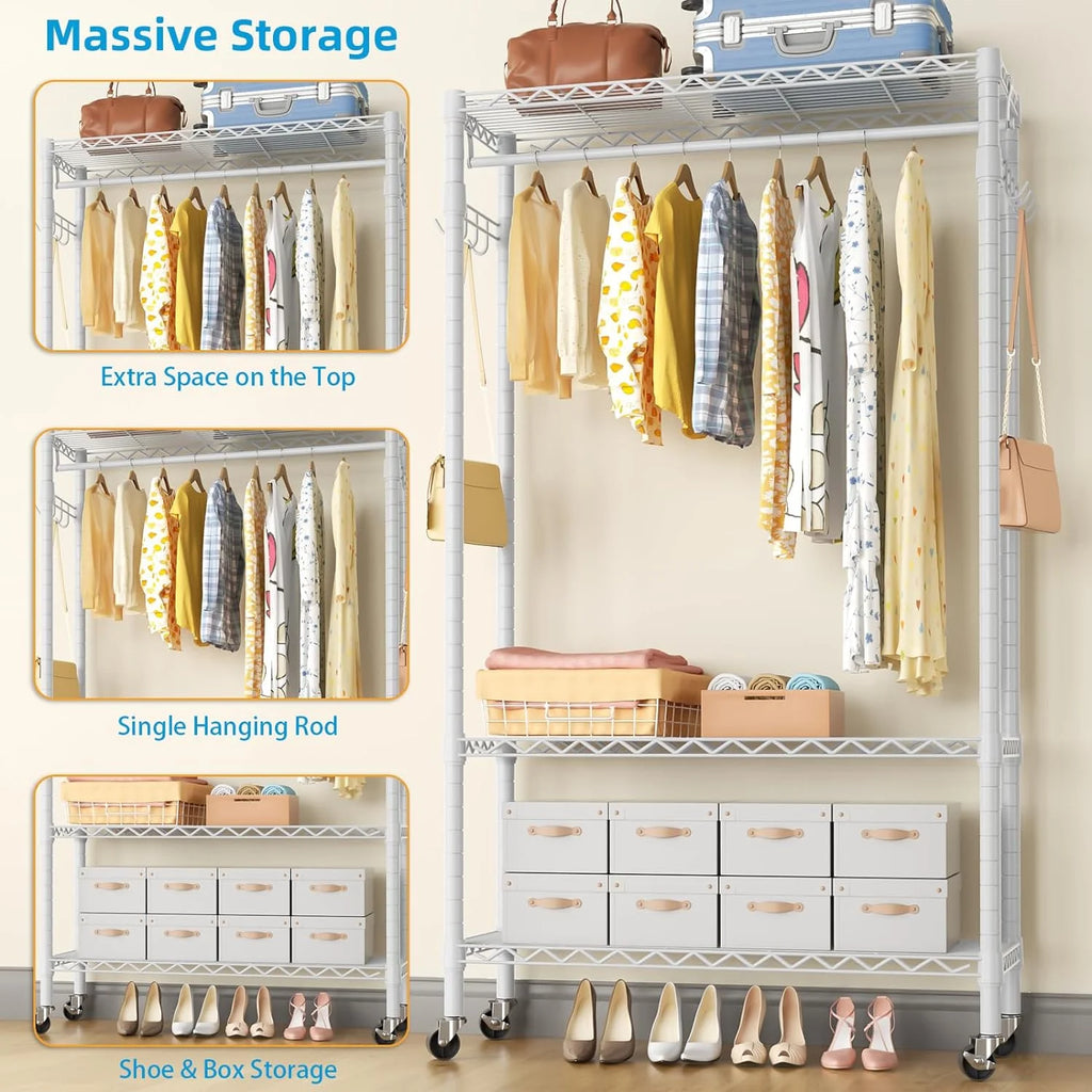Portable Rolling Clothes Rack 3-Tier Adjustable Heavy Duty Metal White J11611