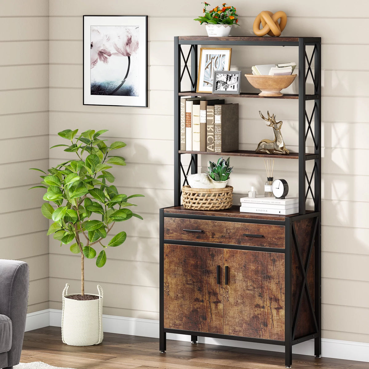 Tall Industrial Bookshelf with Drawer and Doors K4166